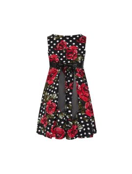 Black/Red Mix Girls Plus Size Generous Fit Printed Party Dress <br/> 30″ – 37″ Waist