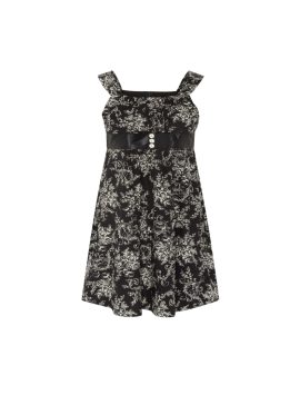 Black/Cream Girls Plus Size Generous Fit Printed Dress with Cardigan <br/> 30″ – 37″ Waist