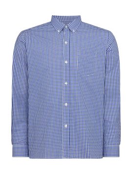 Boys Blue And White Checked 100% Cotton Plus Size, Generous Fit, Long Sleeved Shirt <br/> 36” – 46” Chest